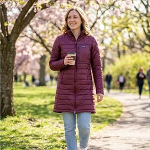 Patagonia Long Quilted Down Puffer Coat in cherry red